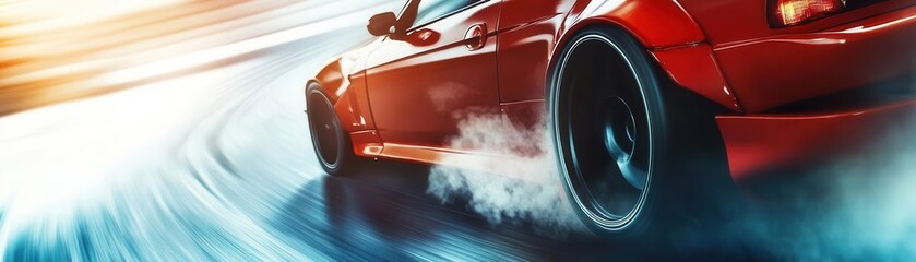 Fototapeta premium A car drifting around a corner in slow motion, tires kicking up smoke, car drifting, racing action