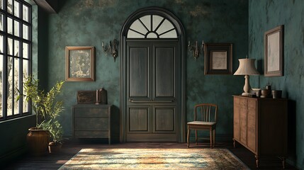 Dark Green Room with Wooden Furniture and a Large Door