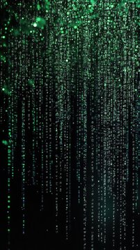 A digital rain of green binary code streaming down a black background, evoking themes of the virtual world and advanced coding