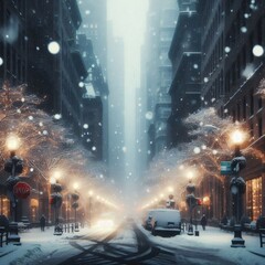 Snowflakes falling softly on a quiet street