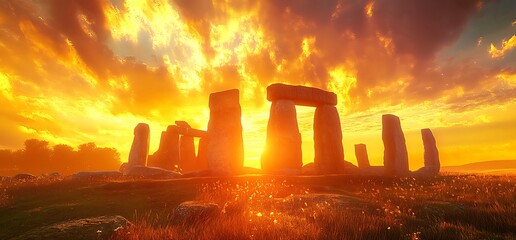 Stonehenge at sunset with dramatic sky.