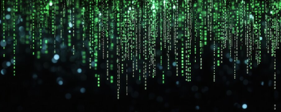 Green binary code cascading down a black background, creating a futuristic, digital rain effect, reminiscent of virtual environments