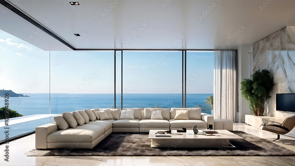 Wall mural luxury architecture, ocean front property landscape. modern living room interior design with sleek c