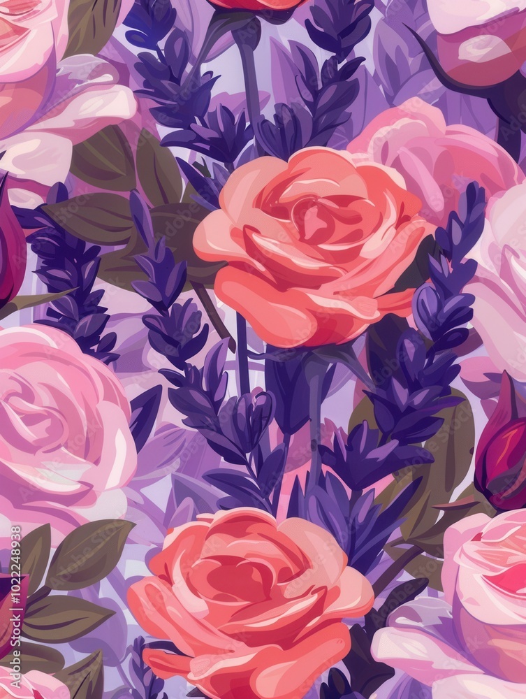 Aufkleber The design features an enchanting mix of roses and lavender, creating a harmonious and colorful floral arrangement. Generative AI