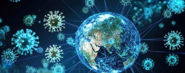 An abstract globe with viruses surrounding it connected by a web of blue lines, symbolizing a global pandemic threat