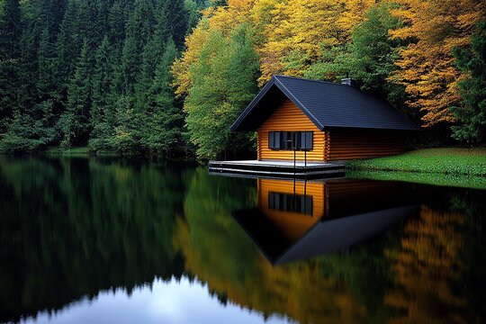 A small log cabin in the wilderness, surrounded by trees and a calm lake, representing the transcendentalist ideal of living simply and self-sufficiently in harmony with nature