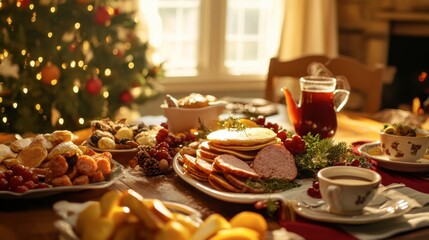 Naklejka premium A festive breakfast table featuring ham sausage, pancakes, fresh fruit, and a steaming cup of coffee, in a cozy home setting.