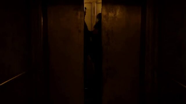 Old rickety elevator as its lights flicker. shadowy figures can be seen through the crack before the doors open.