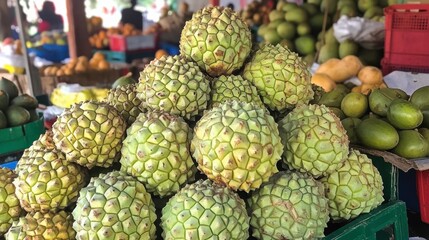 A fresh market stall featuring a pile of custard apples alongside other tropical fruits.