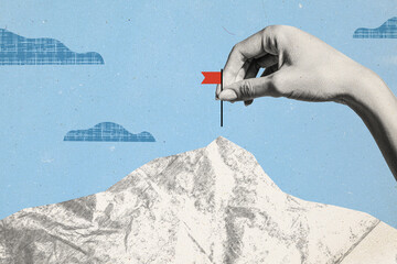 Composite photo collage of hand hold flagpole icon mountain vertex development concept success...