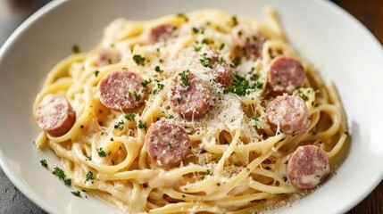 A fresh pasta dish with sliced ham sausage, creamy alfredo sauce, and freshly grated parmesan cheese.
