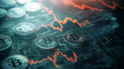Naklejka premium Bitcoin mining farm showcasing cryptocurrency trading, with graphs illustrating market trends, growth, and decline in digital currency values for effective investment strategies