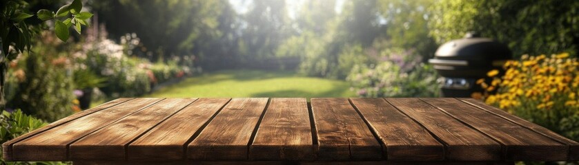 Fototapeta premium A rustic outdoor wooden table, with a softly blurred background of a barbecue grill and a garden glowing in sunlight