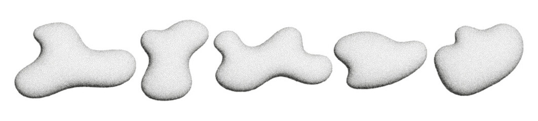 3d irregular shapes, abstract fluid halftone elements, organic liquid forms isolated on white. Vector illustration.