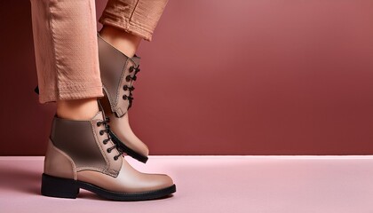 スタイリッシュなブーツの一部が映し出されており、靴の周りにはコピースペースが広がっている。シンプルで洗練されたファッションシーンに最適