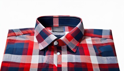 Fototapeta premium カジュアルなチェック柄シャツの襟部分が映し出され、襟の周りに空間が広がるシンプルなデザイン。余白部分にテキストやブランドメッセージを配置できる