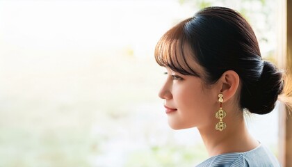 女性の耳元に揺れるイヤリングと、少しだけ見える髪が映し出されている。イヤリングの周りに空間があり、コピースペースとして活用できるシンプルなデザイン