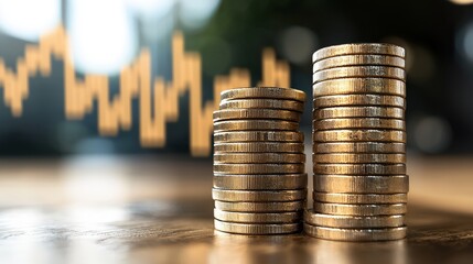 Stacks of Coins with Blurred Financial Chart and City Background
