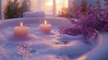 A relaxing bubble bath with candles and essential oils, promoting self-care and relaxation