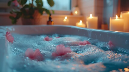 A relaxing bubble bath with candles and essential oils, promoting self-care and relaxation