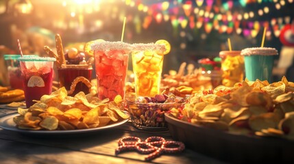 Fototapeta premium A party spread featuring potato chips, pretzels, and various beverages in a lively setting.