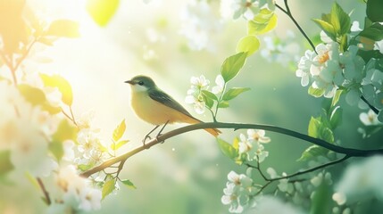 Obraz premium A peaceful scene of a little bird resting on a branch, surrounded by soft blossoms and dappled sunlight filtering through leaves.
