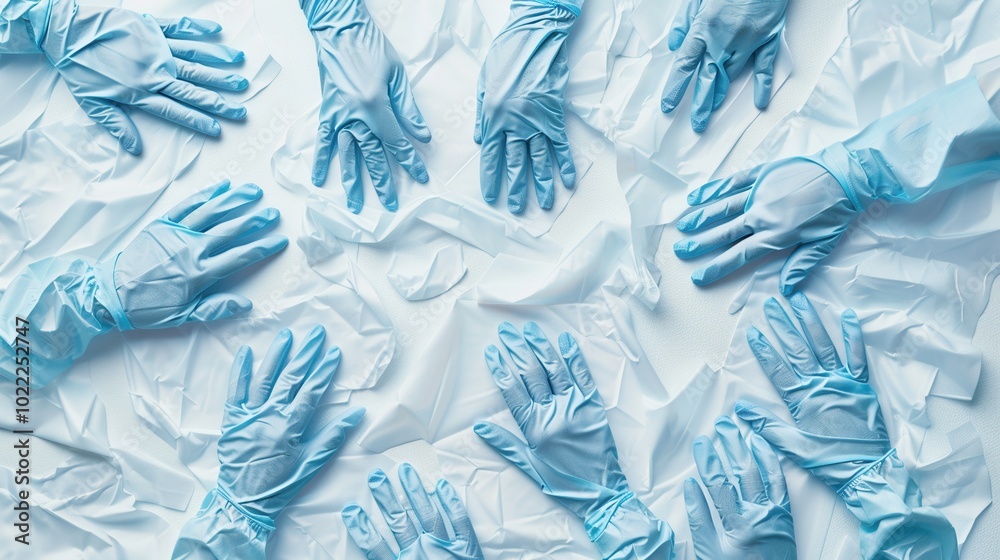 Poster a collection of sterile medical gloves is displayed on a textured white background, highlighting the