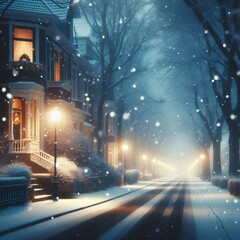 Snowflakes falling softly on a quiet street