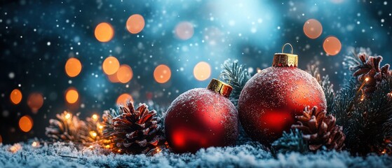 Red ornaments and pine cones in winter