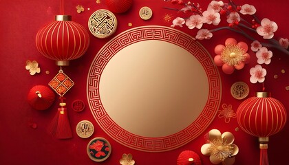 Traditional Chinese New Year card featuring elegant calligraphy and auspicious symbols on a festive red background. Generative AI