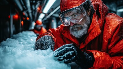 Researcher analyzing ice samples in a cold environment.