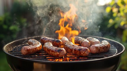 Ham sausages sizzling on a grill, surrounded by smoke and flames, perfect for a summer barbecue scene.