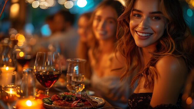 Capture sophistication of a fine dining experience with diners enjoying a multicourse tasting menu in an elegant restaurant setting