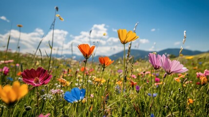 Obraz premium A vibrant meadow filled with colorful wildflowers swaying gently in the breeze, with a clear blue sky above and distant mountains in the background.