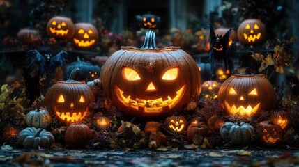 Obraz premium Halloween scene with glowing pumpkins and spooky decorations.