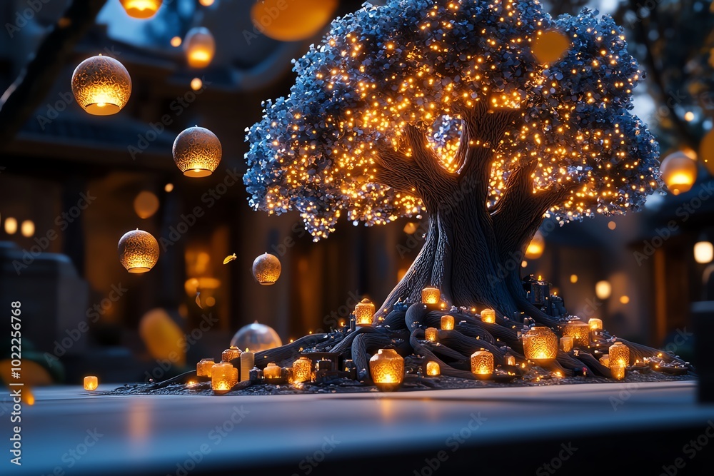 Aufkleber fantasy depiction of an ancient tree glowing with magical light, surrounded by floating orbs and lan