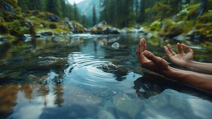 Demonstrate effective stress management technique image of someone practicing mindfulness meditation deep breathing exercise or progressive muscle relaxation peaceful outdoor setting releasing tension
