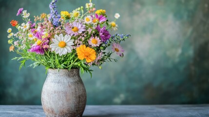 A wildflower bouquet arranged artistically in a rustic vase, showcasing the natural beauty and diversity of different flower species.