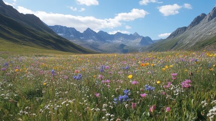 Fototapeta premium A wildflower field surrounded by mountains, creating a stunning contrast between the colorful blooms and rugged landscape.