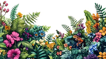 Lush Tropical Floral Border with a Bird