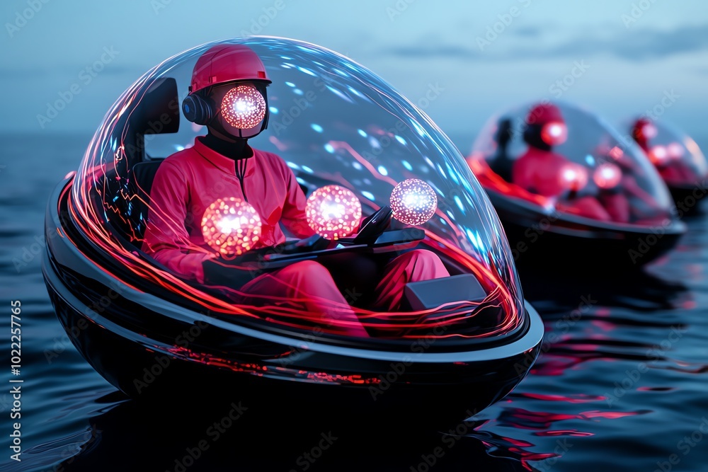 Poster fantasy scene of a futuristic floating city where workers communicate via glowing orbs of light, rep