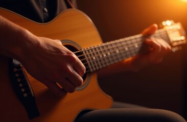 Fototapeta premium A musician strumming an acoustic guitar in soft warm lighting during an intimate performance