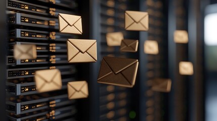 Email Icons Floating Above Server Racks   Data Center Communication Concept