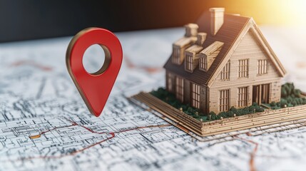 Fototapeta premium Red Location Pin on Detailed City Map with Miniature House in Sunset Light