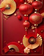 Vibrant Chinese New Year greeting card with red and gold decorations, featuring lanterns and fans for celebration. Generative AI