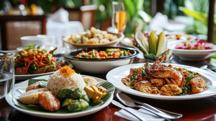 Obraz premium A table full of exotic dishes with a fork and spoon elegantly placed, awaiting diners.