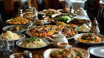A table full of exotic dishes with a fork and spoon elegantly placed, awaiting diners.