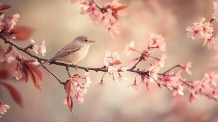 A tiny bird perched on a blooming cherry blossom branch, highlighting the delicate beauty of springtime.