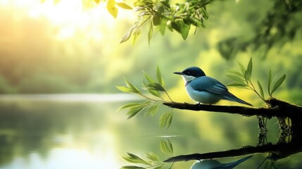 Fototapeta premium A tranquil image of a little bird resting on a branch near a calm lake, reflecting the serenity of nature.