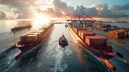 Hyperrealistic raw photo of autonomous cargo ships at a smart port, panoramic Nikon D6 shot, showcasing advanced technology in future shipping